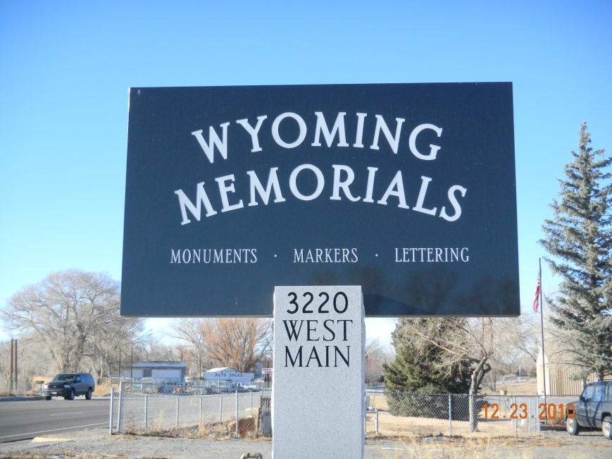 The Wyoming Memorials stone sign and shop on West Main Street in Riverton